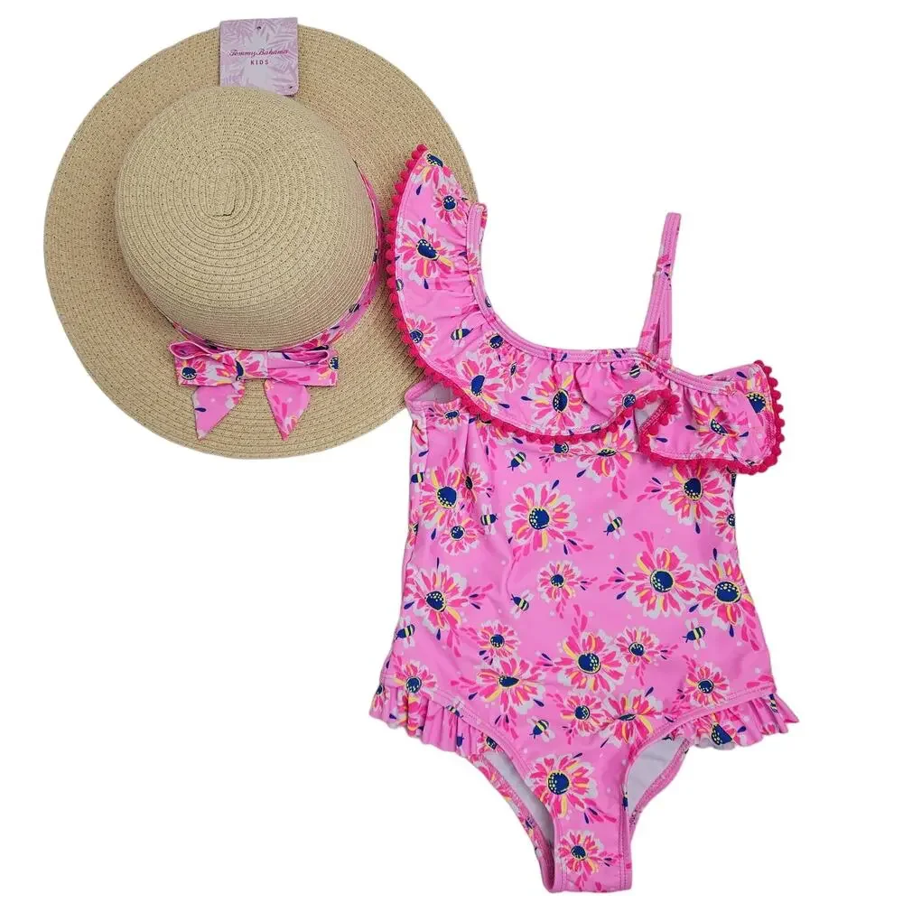 Tommy Bahama Pink Floral One-Piece Swimsuit and Matching Hat | Kid's 5